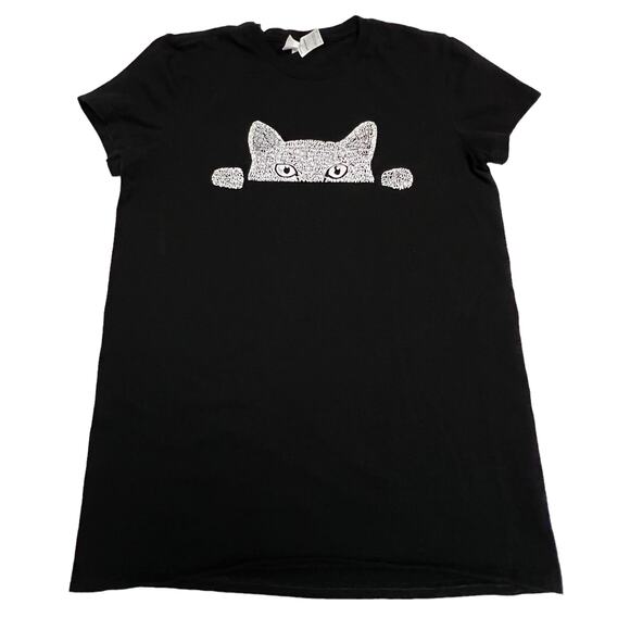 Peeking Cat Meow Black T-Shirt LA POP ART Women's Word Art - Picture 1 of 7